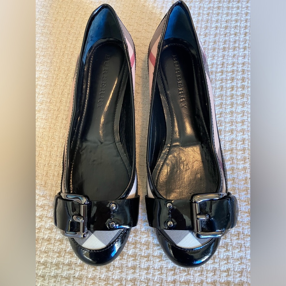 Burberry Flats - Nova Check Patent Leather and Canvas with Buckle